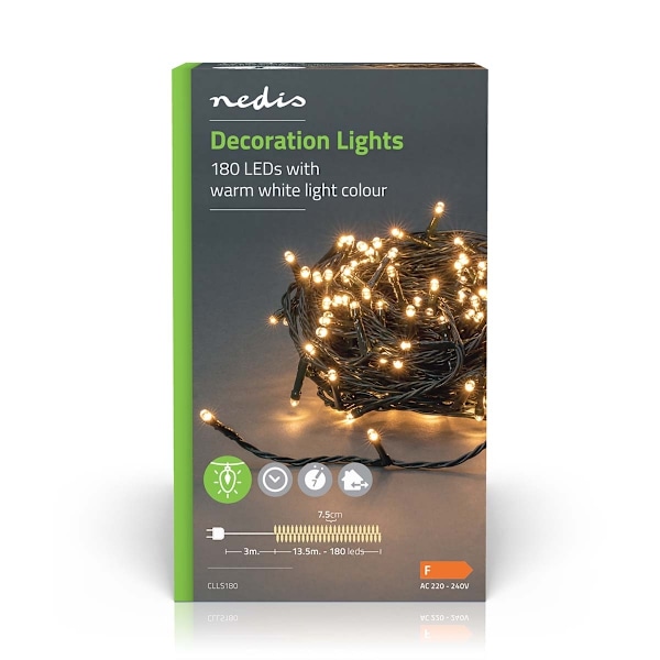 Nedis Julbelysning | Sträng | 180 LED's | Varm Vit | 13.50 m | Ljuseffekter: 7 | Inomhus eller Utomhus | Strömadapter
