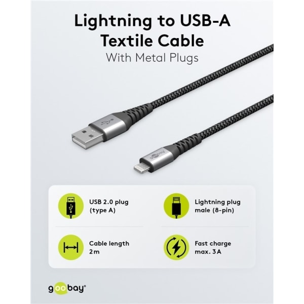 Goobay Lightning till USB-A-textilkabel med metallpluggar 2 m el