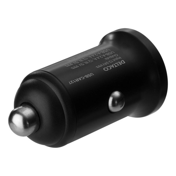 DELTACO 12/24 V USB car charger with dual USB-A ports, 24 W, black