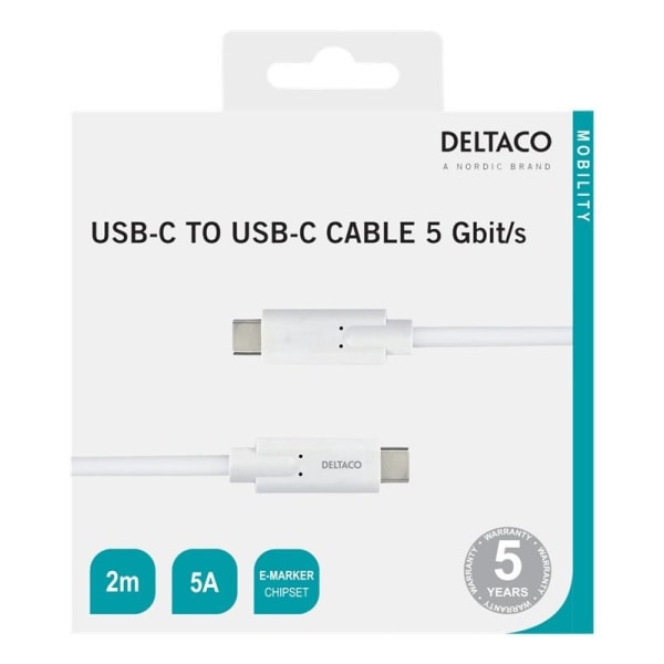 DELTACO USB-C-kaapeli, 5Gbit/s, 5A, 2m, valkoinen