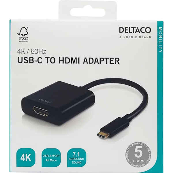 DELTACO USB-C - HDMI-sovitin, USB-C uros - HDMI naaras, musta