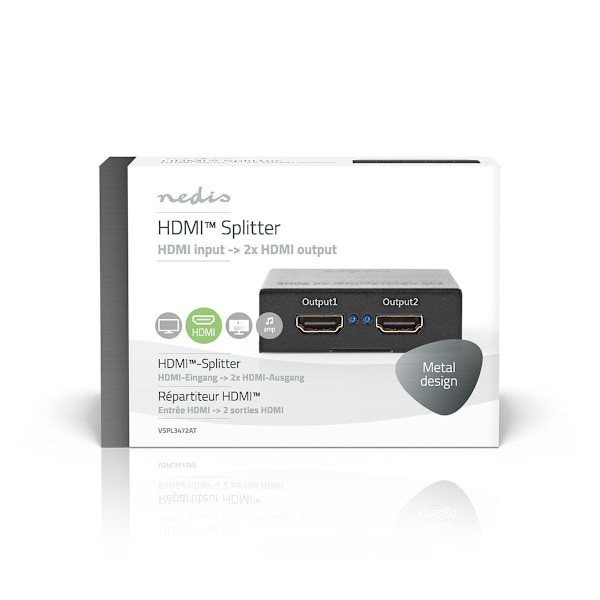 Nedis HDMI ™ Jakaja | 2-Porttinen port(s) | HDMI™ tulo | 2x HDMI™ lähtö | 4K@60Hz | 18 Gbps | Metalli | Antrasiitti