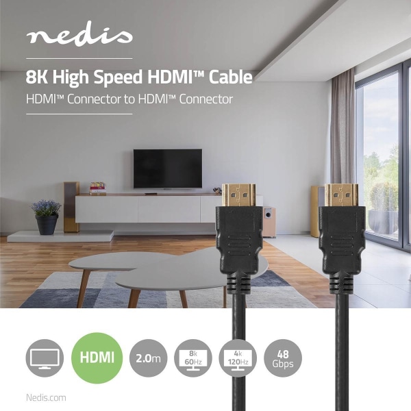 Nedis Ultra High Speed ​​HDMI ™ kabel | HDMI™ Stik | HDMI™ Stik | 8K@60Hz | 48 Gbps | 2.00 m | Runde | 6.5 mm | Sort | Plastikpose