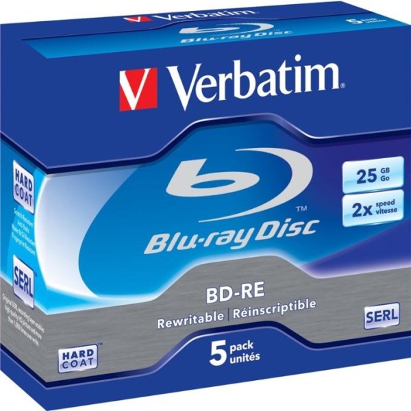Verbatim BD-RE, 2x, 25 GB/200 min, 5-pack jewel case, Hard Coat,