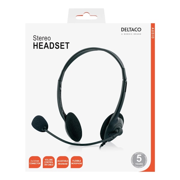 DELTACO, headset med mikrofon och volymkontroll 2m kabel, svart