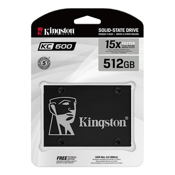 Kingston KC600 SSD-levy, SATA, 512GB, 2,5", 3D TLC NAND, musta