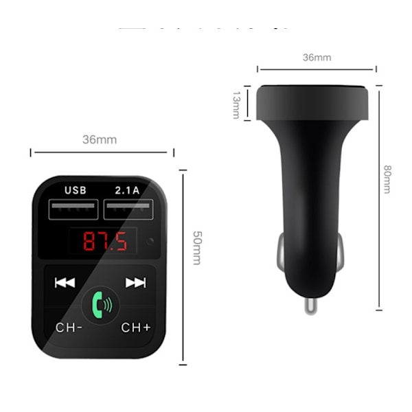 2-i-1 FM-sender med dobbelt USB-stik, display og knapper, Sort