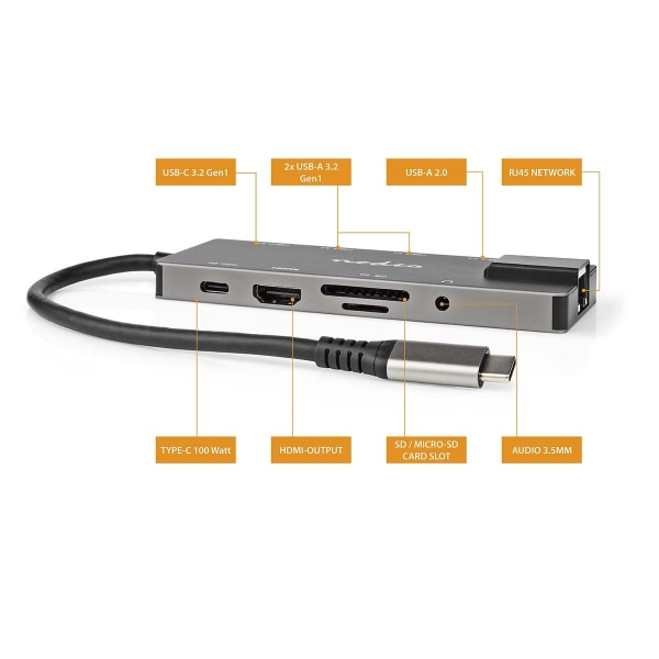 Nedis USB Multi-Port Adapter | USB 3.2 Gen 1 | USB-C™ Han | HDMI ™ -udgang / RJ45 Hun / SD / 2x USB-C™ / 3.5 mm Hunstik / 3x USB-A Hun | 5 Gbps | 0.20