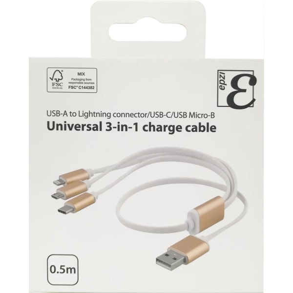 EPZI Multiladdare, USB-C, Lightning, Micro USB, USB-A, 50cm, vit