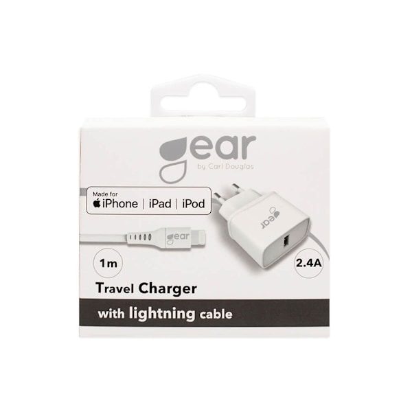 GEAR Lader 220V 1xUSB 2,4A Hvid Lightning Kabel 1m MFI C89