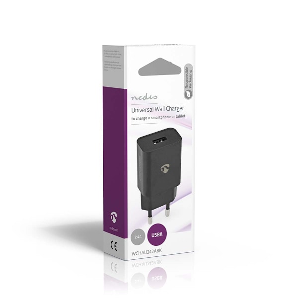 Nedis Väggladdare | 12 W | Snabbladdnings funktion | 1x 2.4 A A | Antal utgångar: 1 | USB-A | Utan kabel | Single Voltage Output | Svart