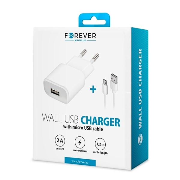 Forever USB Väggladdare TC-01 (2 A) Vit + micro-USB kabel