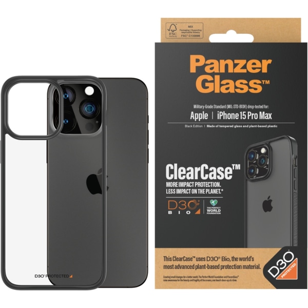 PanzerGlass ClearCase D3O-suojakuorella, iPhone 15 Pro Max Svart