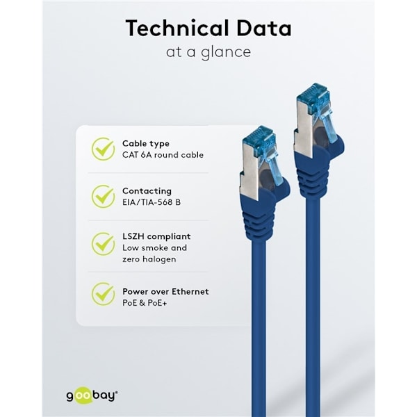 Goobay Patchkabel CAT 6A, S/FTP (PiMF), blå, 1 m opparledare (CU), halogenfri kabelhölje (LSZH)