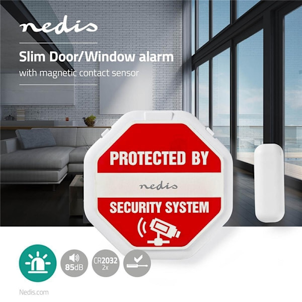 Nedis Dør Vindue Alarm | Magnetic Sensor | Batteri | 2x CR2032 | 85 dB | Hvid