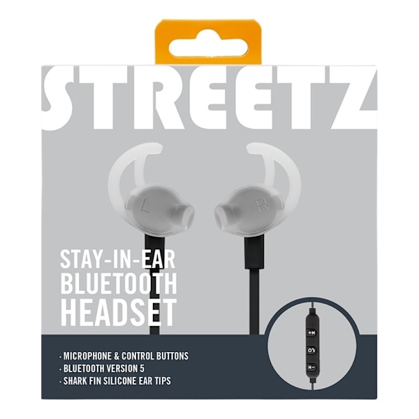 STREETZ Stay-in-ear BT headphones with microphone and control buttons, Svart