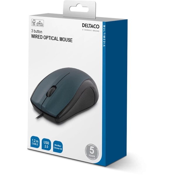 DELTACO wired optical mouse, 3 buttons with a scroll, 1200 DPI, blue