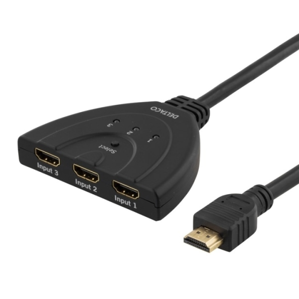 DELTACO HDMI Pigtail Switch, auto/manu HDMI-switch, tre til en, sort