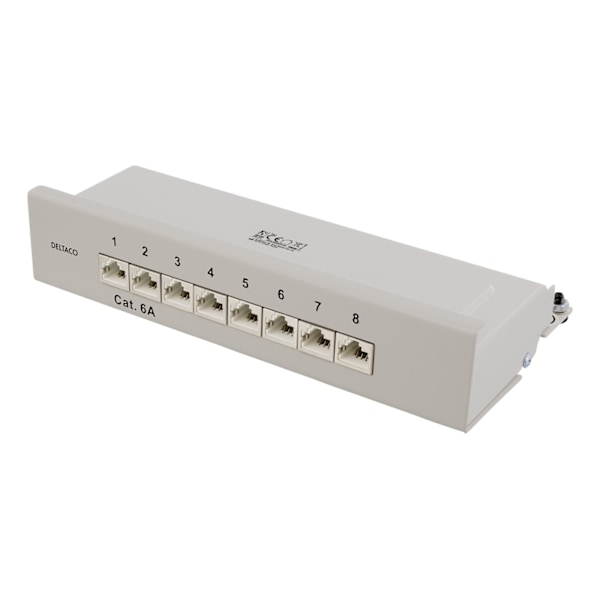 DELTACO Patchpanel, 8xRJ45, Cat6a, väggmonterbar, 10Gbps, grå