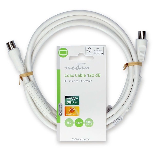 Nedis Koaksiaalikaapeli | IEC (Coax) Uros | IEC (Coax) Naaras | Niklattu | 120 dB | 75 Ohm | Nelinkertainen suojaus | 1.50 m | Pyöreä | PVC | Valkoine