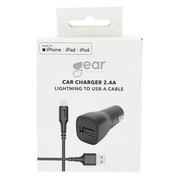 Gear Laturi 12-24V 1xUSB-A 2,4A Musta Lightning Johto 1m MFI C89