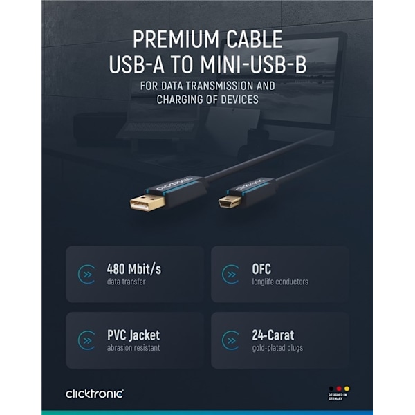 ClickTronic Adapterkabel fra USB A til USB Mini B 2.0 Premium