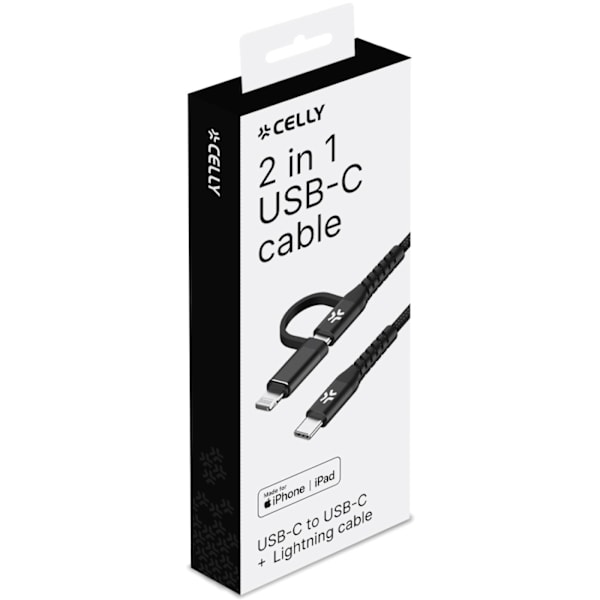 Celly 2-i-1-kabel USB-C - USB-C/Lightning 60W 1m Svart