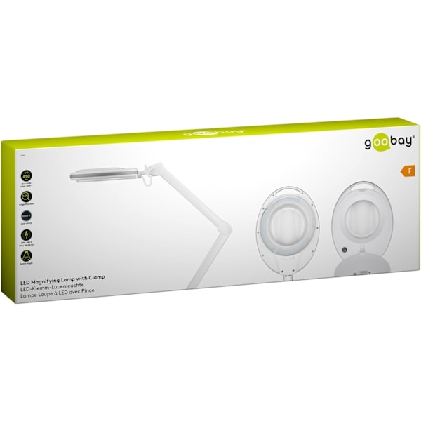 Goobay LED-luplampe med klemme, 8 W, hvid 650 lm, 127 mm krystalglaslinse, 1,75x forstørrelse, 3 dioptrier