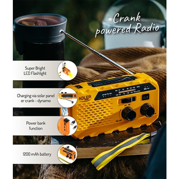 Nödradio / Vevradio med ficklampa, Solceller och Powerbank