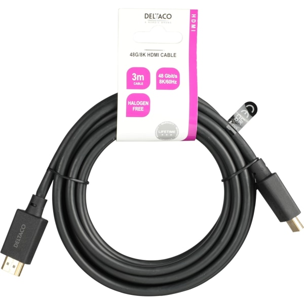 DELTACO Ultra High Speed HDMI-kabel, 3m, eARC, QMS, 8K 60Hz, 4K 120Hz, LSZH, svart