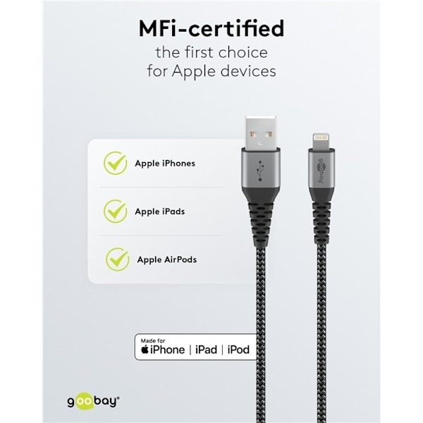 Goobay Lightning till USB-A-textilkabel med metallpluggar 0,5 m elegant och extra robust anslutningskabel för t.ex. Apple iPhone, iPad (Apple MFi cert