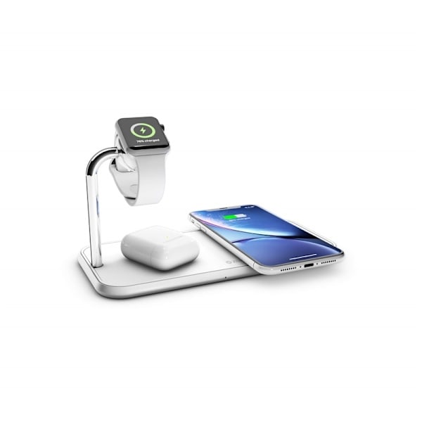 ZENS Triple Alu. Lader Qi Trådløs 220V 2x10W med Apple Watch Lader (Apple QC 7,5W) Hvid