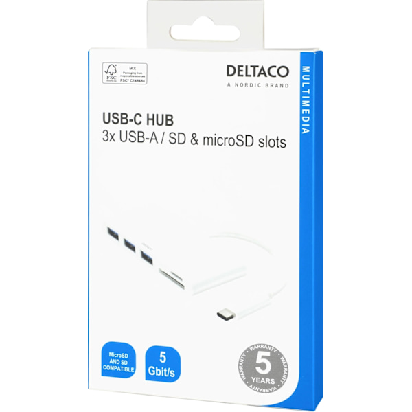 DELTACO USB 3.1 Gen 1 hub, USB-C, 3USB A, SD/microSD reader, white