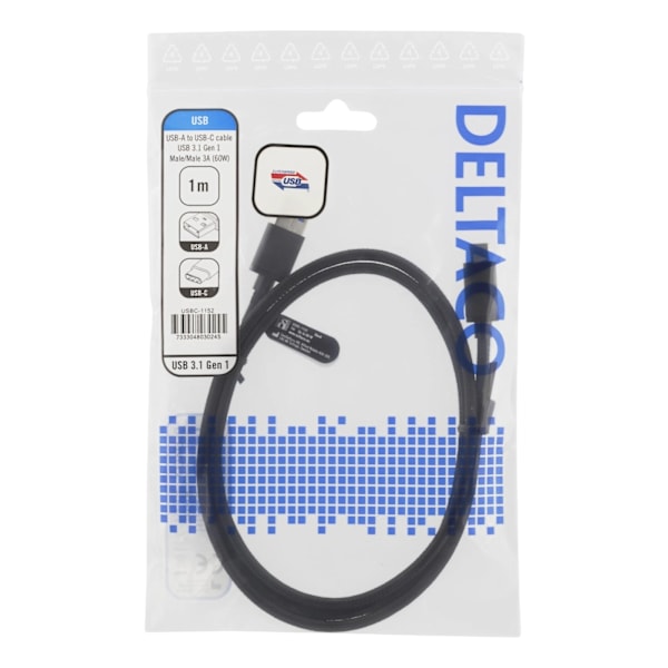 DELTACO USB 3.1 Gen1 USB-A - USB-C, kangaspääll., 1m, 3A 60W, musta