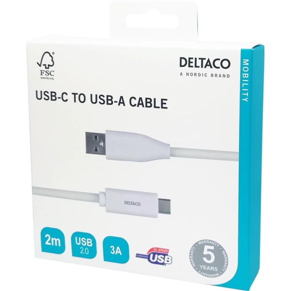 DELTACO USB-C to USB-A cable, 2m, 3A, USB 2.0, white