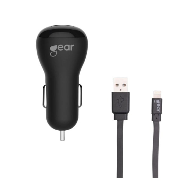 GEAR Laddare 12-24V 2xUSB 2,4A Svart Lightning Kabel platt 1m MF