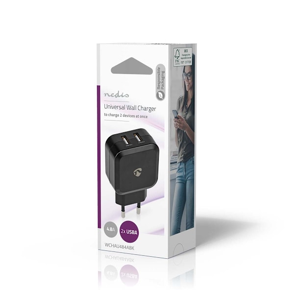 Nedis Väggladdare | 24 W | Snabbladdnings funktion | 2x 2.4 A A | Antal utgångar: 2 | 2x USB-A | Utan kabel | Single Voltage Output