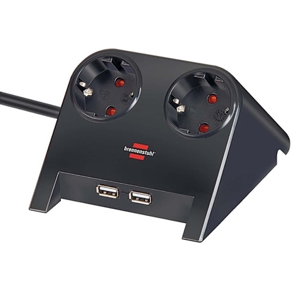 brennenstuhl Desktop power 2-vejs stikdåse til bordet med gummifødder og 2-vejs USB 1,80 m Poleret sort TYPE F