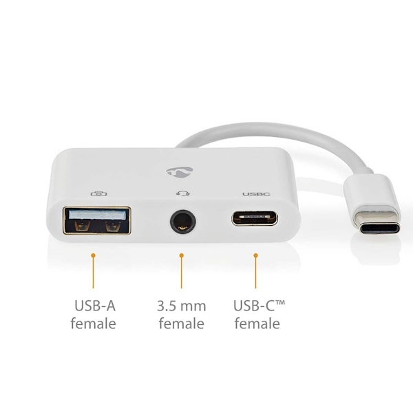 Nedis USB Multi-Port Adapter | 3-i-1 | USB 2.0 | USB-C™ Hane | USB-A Hona / USB-C™ Hona / 3.5 mm Hona | 480 Mbps | 0.10 m | Rund | Nickelplaterad | PV