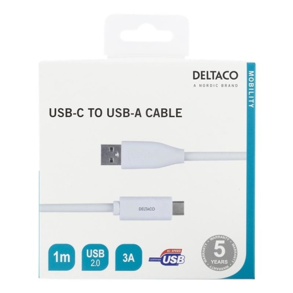 DELTACO USB-C till USB-A kabel, 1m, 3A, USB 2.0, vit