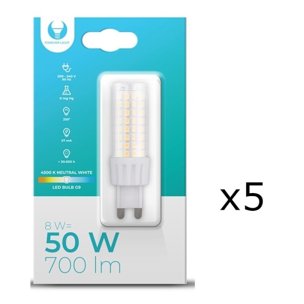 LED-lampa, G9, 8W, 230V, 4500K, 5-pack, Vit neutral