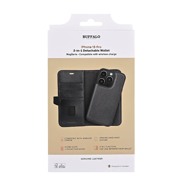 Buffalo 2in1 Leather 3 card MagSeries iPhone 15 Pro Black Svart