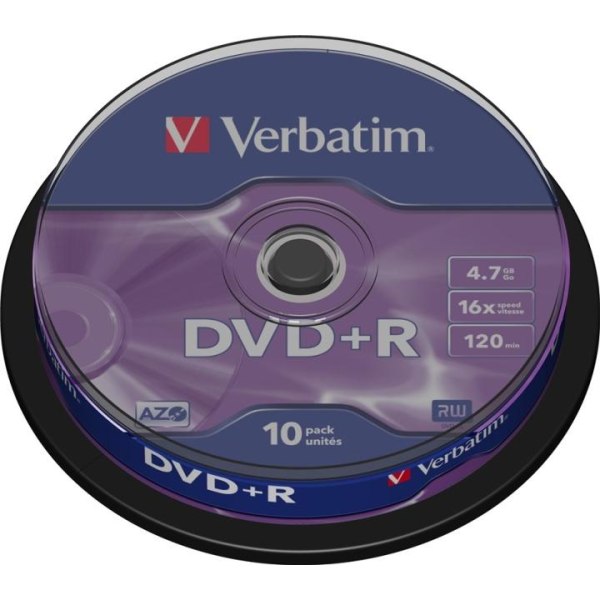 Verbatim DVD+R, 16x, 4,7 GB/120 min, 10-pack spindel, AZO (43498