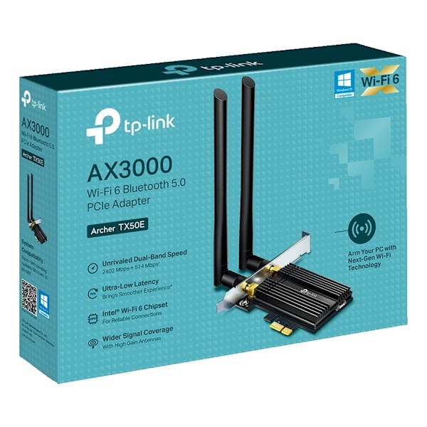 tplink TX50E, AX3000 Wi-Fi 6 Bluetooth 5.0 PCIe Adapter, black