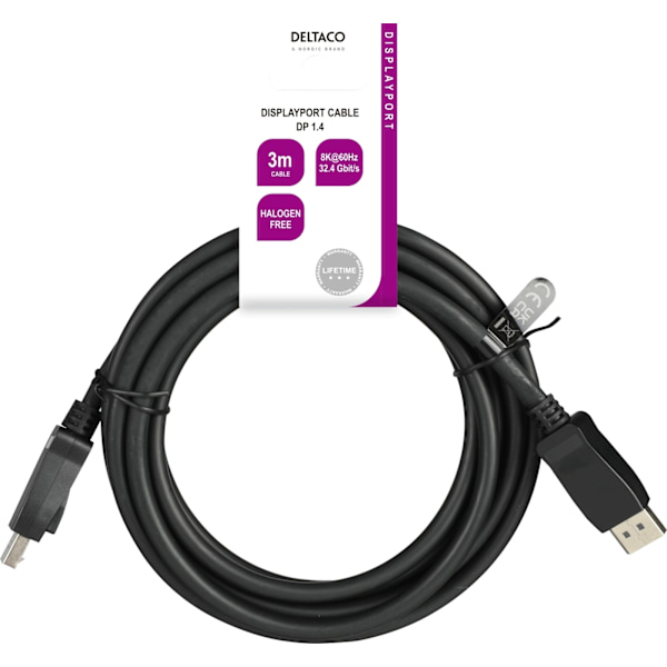 DELTACO DisplayPort cable, DP 1.4, 8K@60Hz, 3m, black