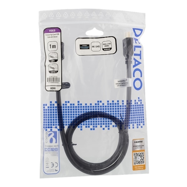 DELTACO High-Speed Premium HDMI-kabel, 1m, Ethernet, 4K UHD, svart