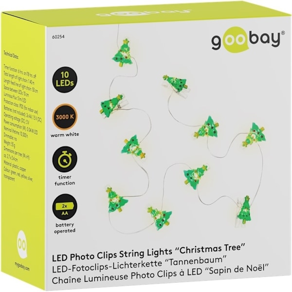 Goobay 10 LED fotoklipp ljusslinga "Julgran" med timerfunktion, varmvitt (3000 K), batteridrift