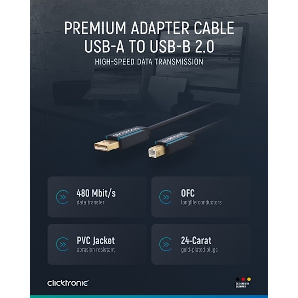 ClickTronic Adapterikaapeli USB-A:sta USB-B:hen 2.0 Premium-kaapeli