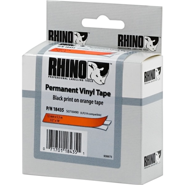 DYMO RhinoPRO märktejp perm vinyl 12mm, svart på orange, 5.5m rulle (18435)