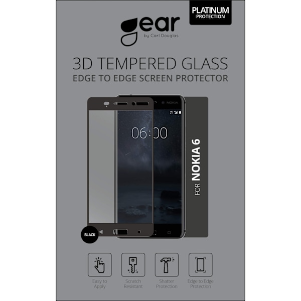 GEAR Härdat Glas 3D Full Cover Svart Nokia 6 2017 Transparent